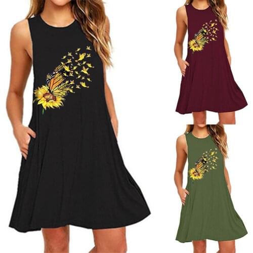 Fashion Womens O-Neck Pocket Sunflower Printing Sleeveless Casual Simple Design A-Line Nightdress Dresses Beach Dress For Woman