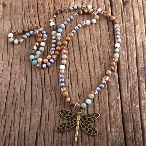MD Fashion Boho Jewelry 6mm Natural Stones And Glass Dragonfly Pendant Necklace Bohemai Beads Knotted Necklaces For Women Gift