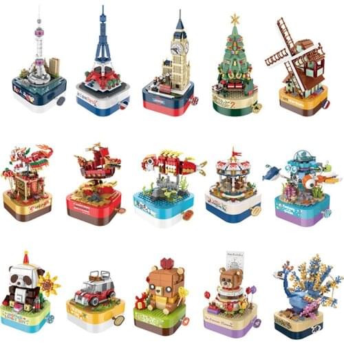 New Clockwork Music Box Series 15 Styles Carousel Windmill Vehicle Architecture Xmas Tree Model Kits Building Blocks MOC Bricks