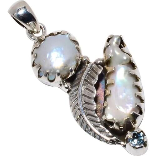Nature Biwa Pearl + Blue Topaz Pendant 925 Sterling Silver, 48 mm, MHBAP5642