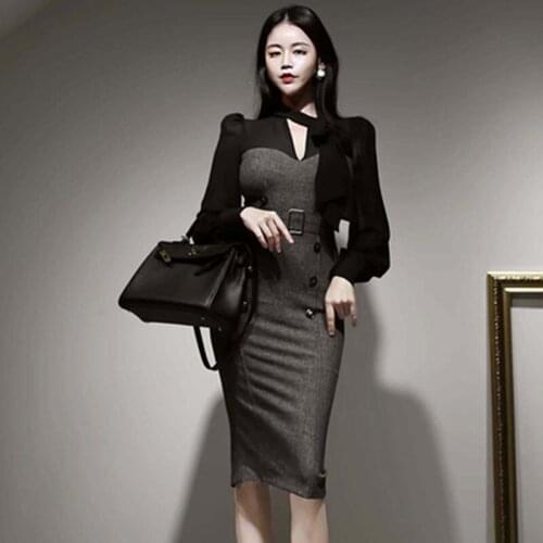 New Spring Lace-Up Chiffon Stitching Double-Breasted Bodycon Sheath Pencil Dress Office Black Casual Party Dresses