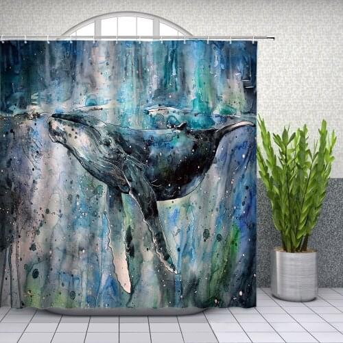 Ocean Animal Shower Curtains Watercolor Whale Colorful Pattern Bathroom Decor Accessories Polyester Fabric Hanging Curtain Set