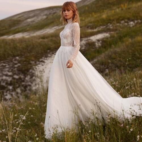 Modest High Neck Long Sleeve Wedding Gowns 2021 Sweep Train Lace Applique A-line Bridal Dresses Custom Made