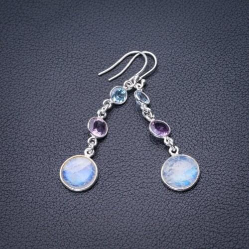 StarGems Natural Rainbow Moonstone And Amethyst Handmade 925 Sterling Silver Earrings 2" D6568