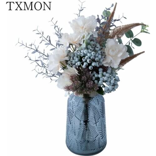 Nordic Cold Colors Simulation Dried Flowers And Berries Living Room Decoration Ornaments Bouquets Table Transparent Glass Flower