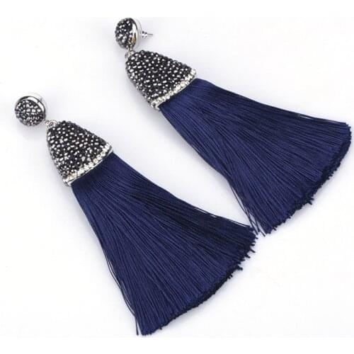 Dark Blue Navy Blue Chunky Silk Thick Tassel with Blak Rhinestone Cap Charm Studs Top Long Dangle Tassel Earrings For Women 2021