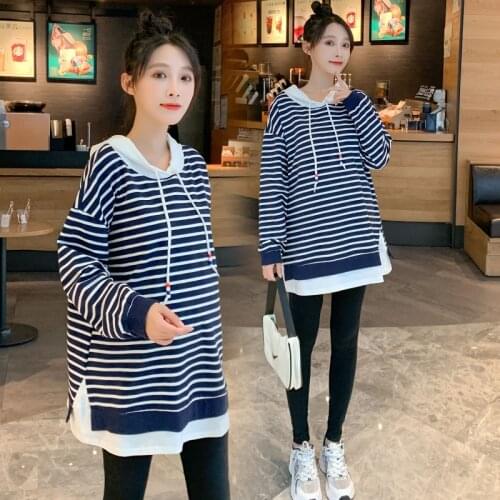 9017# Autumn Korean Fashion Striped Cotton Maternity Hoodies Loose Sweatshirt Clothes for Pregnant Women Pregnancy Shirt Tops