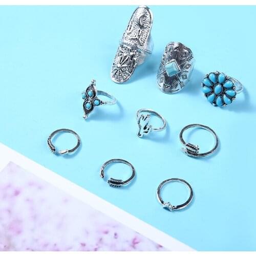 Bohemian Totem Carved Pattern Rings Set Vintage Totem Metal Alloy Ring Punk Open Adjustable Ring Women Fashion Jewelry Gifts