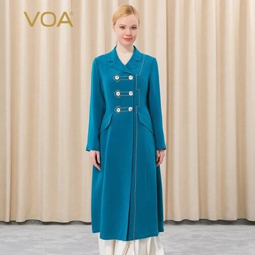 VOA Silk 30m/m Dark Blue Turnted Double-row Buckle Bright Wire Arch Needle Craft Long-sleeved High Waist Style Windshield FE71