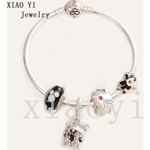 XIAOYI 2020 new S925 100% Black cartoon park animal mouse dog suitcase glass love lovely for girls bracelet birthday gift female