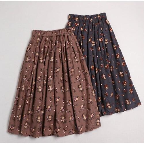 2020 New Spring Women Skirt Japan Style Mori Girl Floral Print Cotton Elastic Waist A-Line Skirts Women