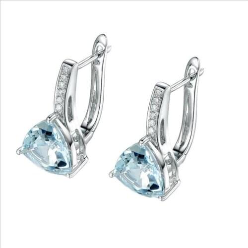 Trendy Sterling Silver 925 Earrings For Women Jewelry Bright Crystal Blue Triangle Earrings Female Hoops Accessories Present
