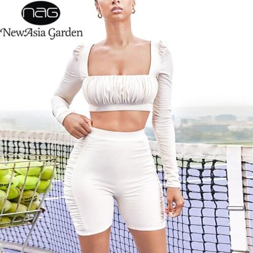NewAsia 2 Layers Ruched Biker Shorts Set Women Long Sleeve Square Collar Crop Top Two Piece Set Solid Activewear Loungewear Set
