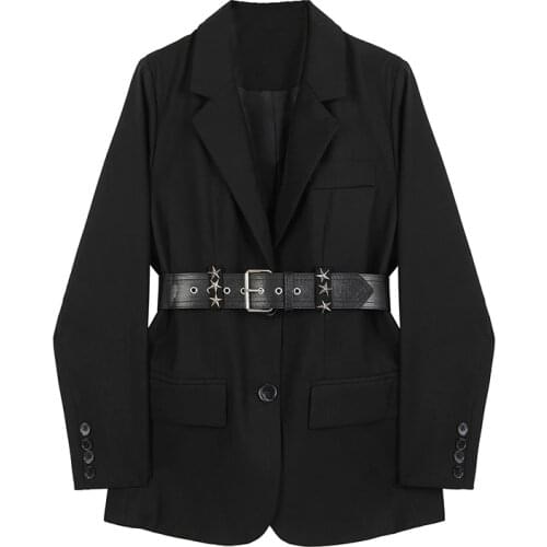 Autumn Blazer Women Jackets With Belt Vintage Casual Fall Long Sleeve Female Blazers Coat Fashion Solid Black Suits Outwear
