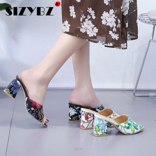 2019 brand elegant Print chunky Heels Summer womens Shoes Woman Sandals leisure slippers comfortable Open toe Slip-On Slides