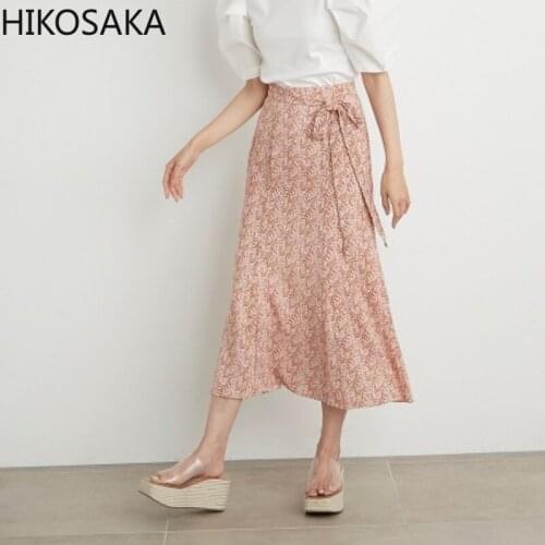2021 Summer New Japan Style Chiffon Print Skirts Belt High Waist A Line Long Skirt Trumpet Office Ladies Elegant Faldas Mujer