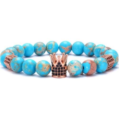 8mm crown elastic gold silver copper cz zircon cubic zirconia beads bohemian Yoga Bracelet agate Onyx Stone Bangles 3g3