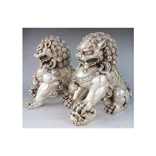 Free shipping A Pair Chinese Feng Shui tibet Silver Guardian Lion Foo Fu Dog Statue 2pcs Garden Decoration Bronze