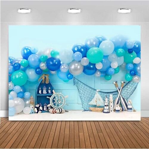 Summer Seaside Balloons Children Nautical Adventure backdrop photography blue balloons Fishing net newborn baby birthday party