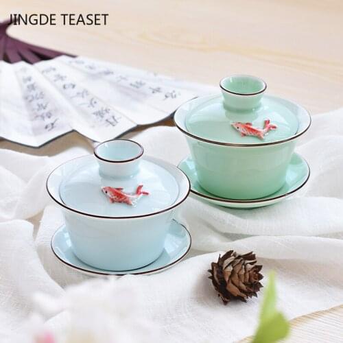 Chinese Celadon small fish cover bowl Teacup handmade Ceramic Tea tureen Bowl Porcelain Teaware Accessories Drinkware 140ml