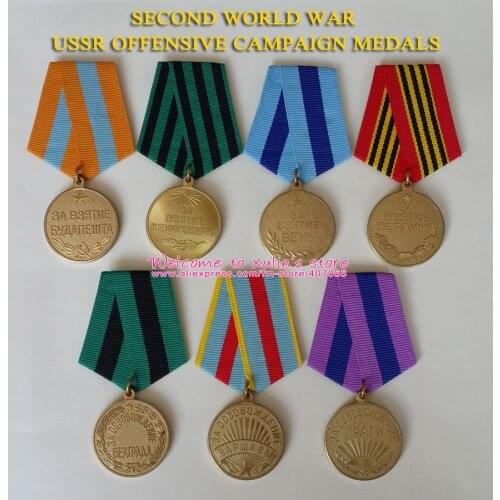 XDT0022 7 Pieces Different Kinds WWII Soviet Union Full Set Offensive Campaign Medals 32mm Circular Brass Medal with 24mm Ribbon