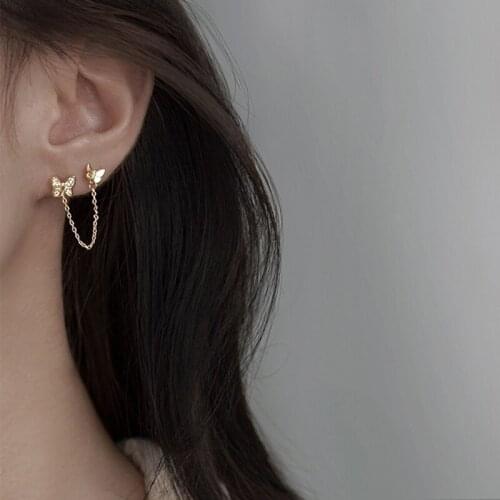Girls' Cute Lovely Butterfly Mini Stud Earrings Micro Crystal Double Piercing Chain Female Elegant Dangle Earring Accessories