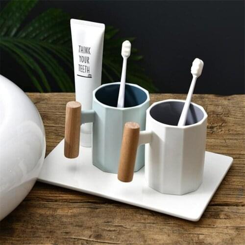 Fashion High-end Wooden Handle Home Bathroom Washing Cup Plastic Pure Color Creative Gift Toothbrush Cup Polygon Art Water Cup
