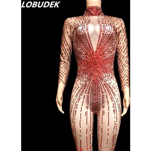 Fashion High-end Women Costume Red Full Rhinestones Elastic Jumpsuit Birthday Party Outfit Nightclub Singer Host Stage Bodysuit