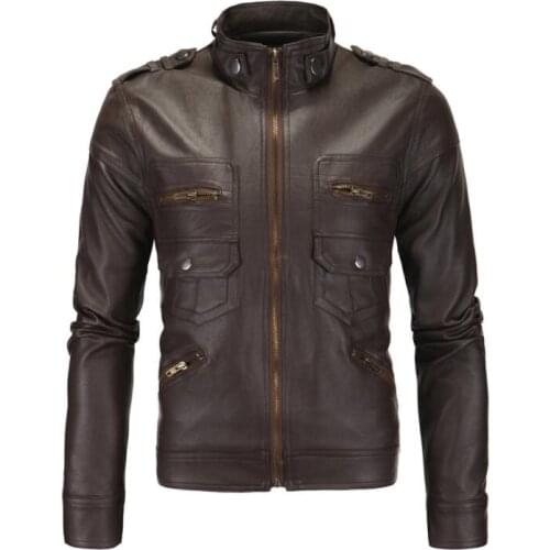 Mens leather jacket slim England motorcycle leather coat men jackets clothes personalized stand collar street fashion brown