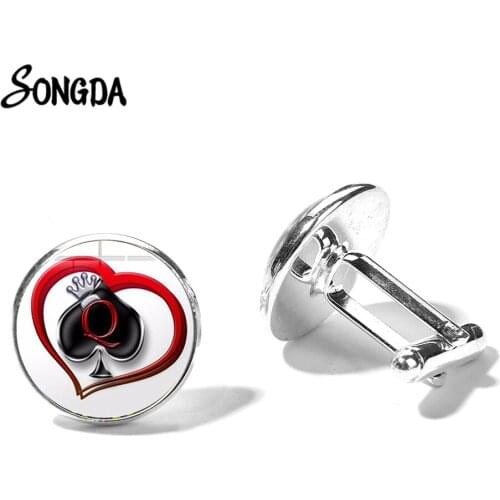 New Arrival Poker Spades Q Heart Club Cufflinks for Men Letter Q Queen Transparent Glass Convex Statement Cuff Links Handicrafts