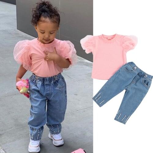 1-6Y Fashion Girls Clothing Sets Summer Toddler Kids Baby Girls Puff Sleeve Lace T-shirts+Pearl Jean Pants for Children Outfits