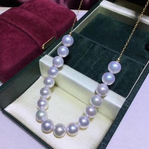 D805 Pearl Necklace Fine Jewelry Solid 18K Gold Round 7-8mm Nature Fresh Water White Pearls with Pinkish Light Pendants Necklace