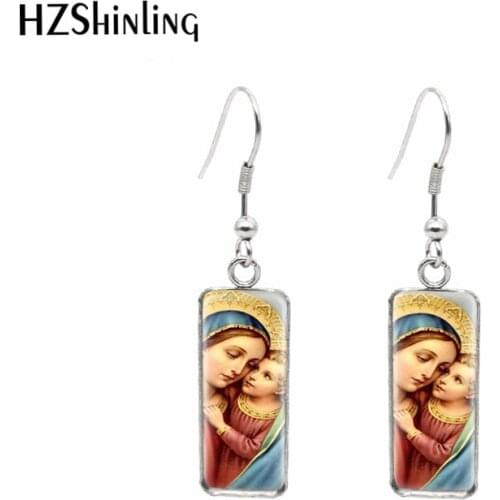 Stainless Steel Rectangular Hook Earrings Dangle Drop Glass Cabochon Mother of God Virgin Mary Retro Paintings Jewelry for Women
