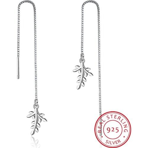 Real. 925 STERLING SILVER Pull Through Leaf Threader Earrings Long Sterling-Silver-Jewelry GTLE1165