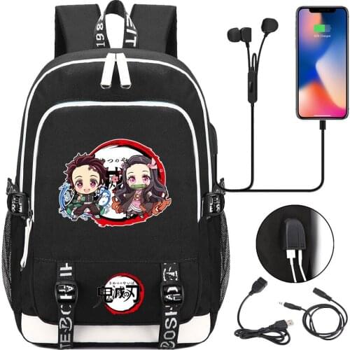 New Kawaii Anime Demon Slayer Prints USB Boy Girl Kids Book School Bags Teenagers Student Women Men Laptop Travel Backpack