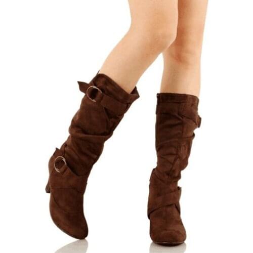 Big Size 43 Black Brown knee High Boots Women Stretch Fit All Size Ladies Round Toe Thigh High Long Boots Low Spike Heel
