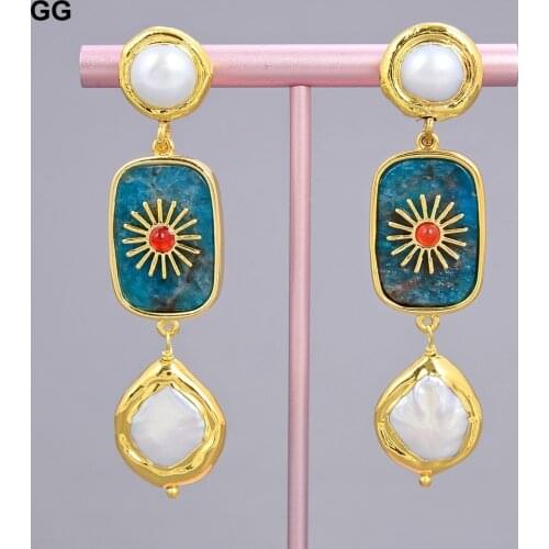 GG Jewelry Freshwater White Pearl Coin Natural Blue Apatite Rising Sun Glod Plated Pearl Stud Earrings