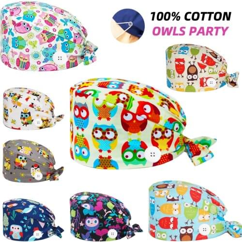 Owls Print Surgicals Cap Buttons Cotton Anime Nursing Caps Nurse Absorb Sweat Travel Pet Shop Chef Lab Working Scrubs Hat Unisex