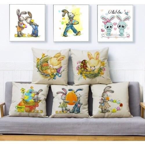 Cute Cartoon Rabbit Print Throw Pillow Cover 45*45cm Square Cushion Covers Linen Pillows Cases Car Sofa Home Decor Pillow Case