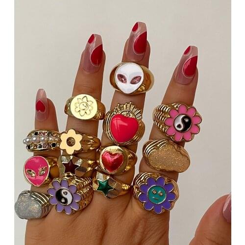 Smiley Alien Flower Crown Love Thick Rings for Women Golden Chunky Luxury Spring Fine Lucky Jewelry Heart Clouds Ring Party Gift