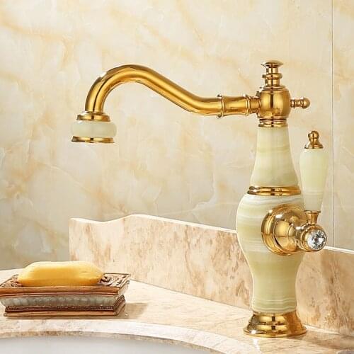 Bathroom Basin Faucet Sink Mixer Tap Soild Brass & Jade Up & Down Rotating Hot & Cold Single Handle Lavatory Crane Water Faucet