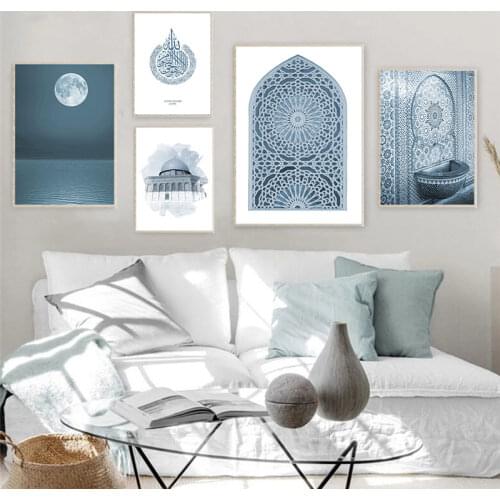 Modern Blue Peony Flower Moroccan Door Canvas Painting Islamic Allah Muslim Letter Poster Wall Art Picture for Living Room