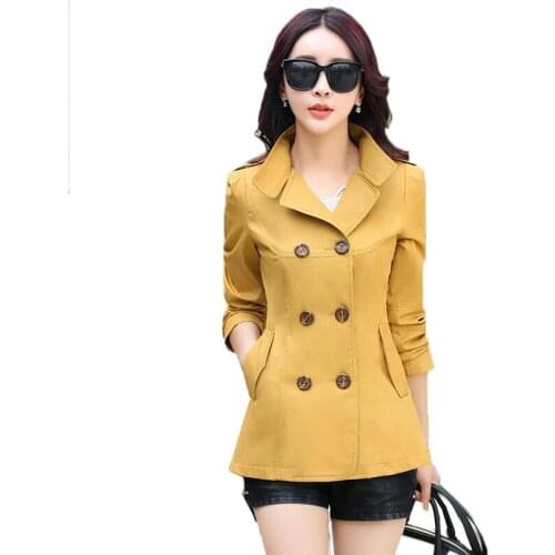 New Womens Trench Coat Spring Autumn Double Breasted Short Windbreaker Coats Solid Color Slim Lady Outerwear Tops 2020