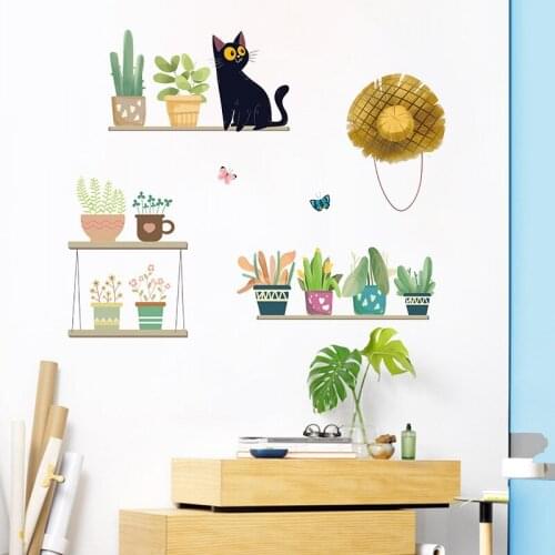 Green Plant Wall Stickers Kitten Flower Pot Stickers for Home Decoration Environmentally Friendly Living Room Balcony DIY