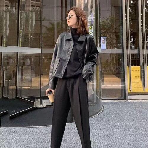 Women Spring Autumn Jacket Short Brown Leather Jacket Women Long Sleeve Drop Shoulder 2021 Plus Size 4XL Faux Leather Jackets