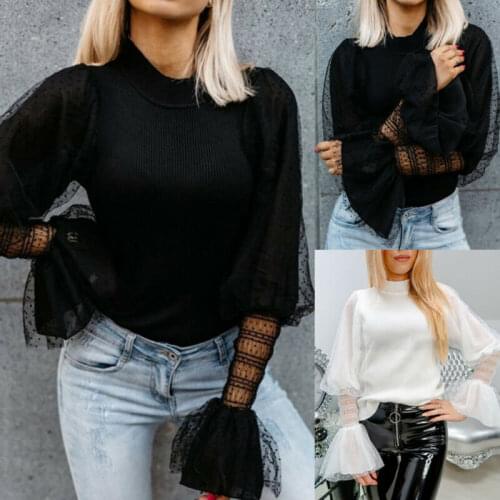 Women Lady Mesh Long Puff Sleeve Polka Dots Tops Turtleneck Knit Shirt Blouse