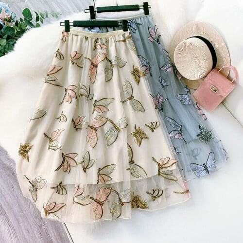 2020 Embroidery Women Summer Mesh High Waist A-Line Boho Skirt Casual Faldas Jupe Femme Saia