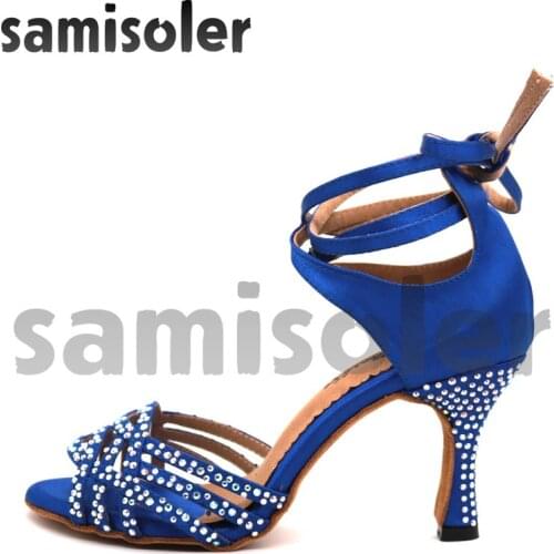 Samisoler Bule 2018 New Latin Dance Shoes Salsa Woman Satin Soft Bottom Fashion Dance Sandals Rhinestone Ballroom Shoes