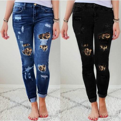 Leopard print hole patch elastic small leg jeans womens oversize autumn and winter tight and versatile slim pencil pants