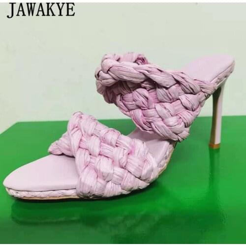 Fold Lafite Grass Woven High Heels Sandals Women Slides New Arrival Thick Sole Runway Slippers Sexy Open Toe Party Runway Mules